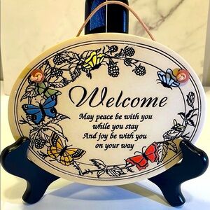 Genuine Tribity Pottery Handcrafted Ceramic Welcome Plaque w ColorfulButterflies